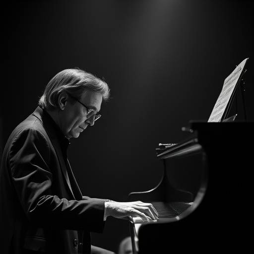 A black and white portrait of a musician playing the piano
