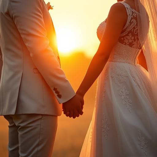 A bride and groom holding hands during their wedding