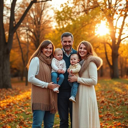 A family portrait taken in a park during autumn