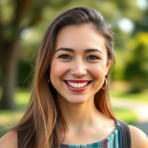 A woman smiling beautifully during an outdoor portrait photography session